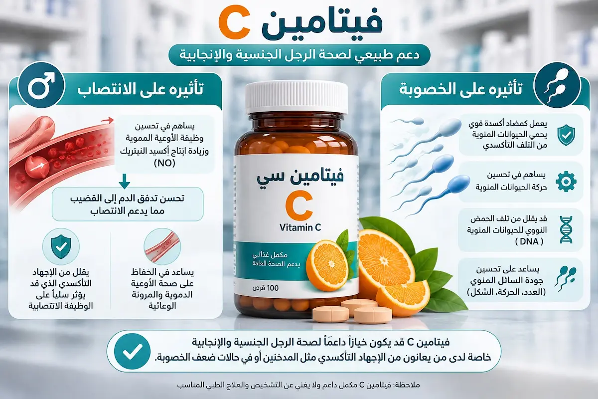 إنفوجرافيك طبي بصري يوضح شرح تأثير فيتامين سي على تدفق الدم وتحسين الانتصاب ودوره المضاد للأكسدة في تعزيز الخصوبة والحيوانات المنوية.
