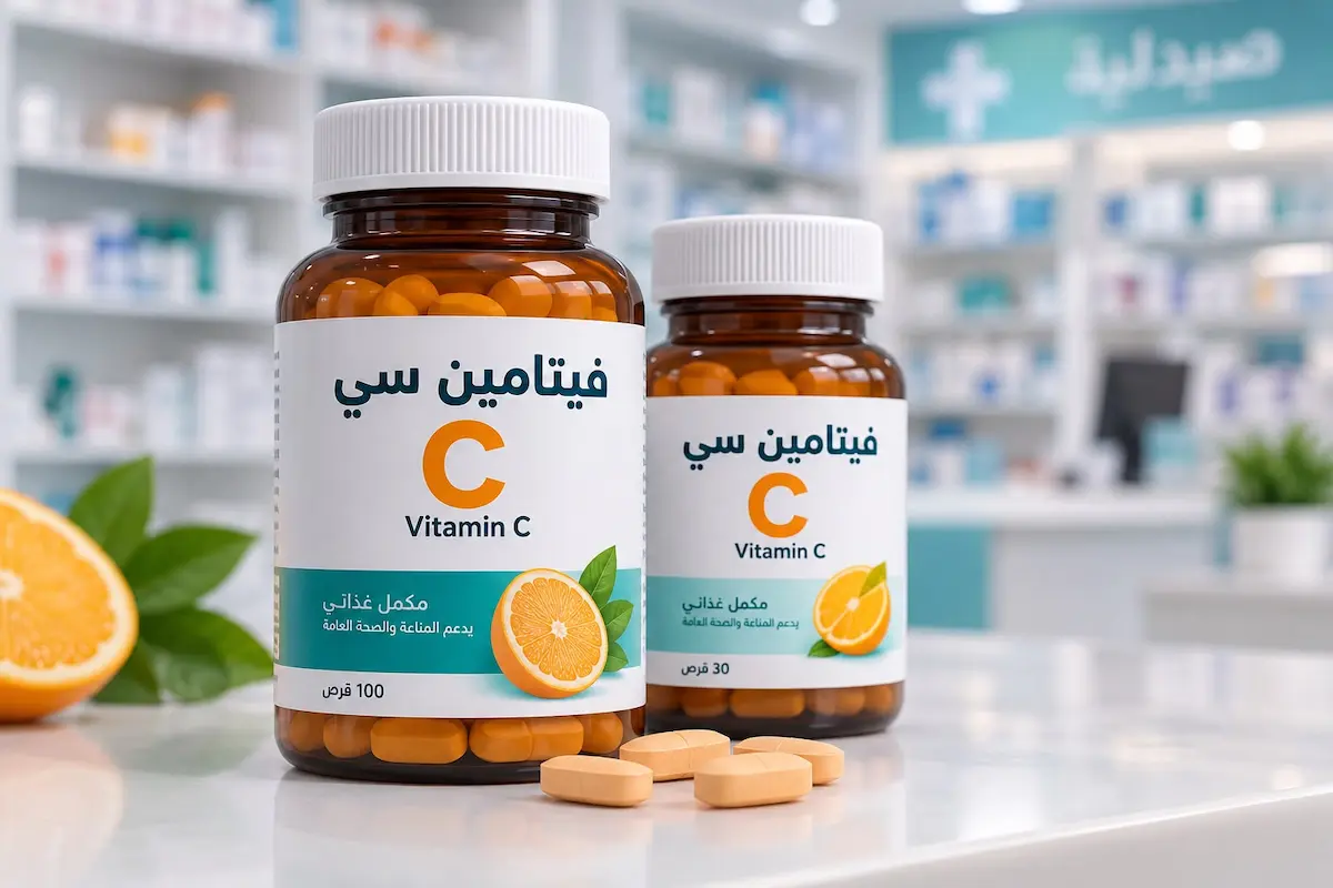 رسم توضيحي لعلبة مكمل فيتامين C ومجموعات أطعمة حمضية لمناقشة مقال فيتامين سي والصحة الجنسية عند الرجال.