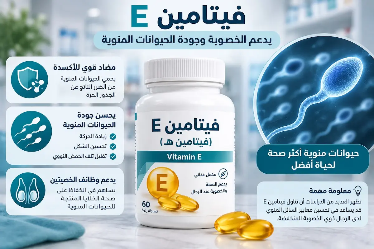 إنفوجرافيك طبي بصري يوضح شرح تأثير فيتامين E كمضاد للأكسدة في تحسين جودة وحركة الحيوانات المنوية وتعزيز الخصوبة لدى الرجال.