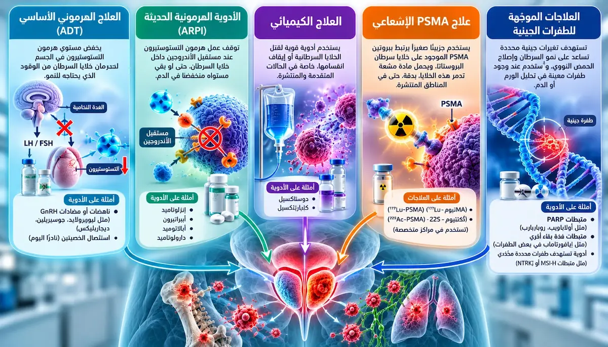 إنفوجرافيك طبي بصري يوضح تأثير العلاجات المختلفة لسرطان البروستاتا المتقدم (حجب الأندروجين، العلاج الكيميائي، والعلاجات الموجهة/المناعية) مع أمثلة لأبرز الأدوية المعتمدة وآلية عملها.