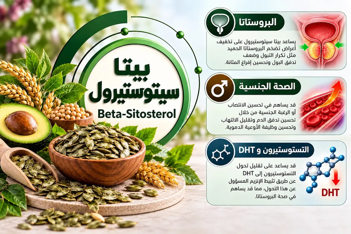 إنفوجرافيك طبي بصري يوضح شرح تأثير بيتا سيتوستيرول على تخفيف أعراض تضخم البروستاتا الحميد، ومدى علاقته بتحسين تدفق الدم وقدرة الانتصاب والأداء الجنسي بحسب الدراسات العلمية.