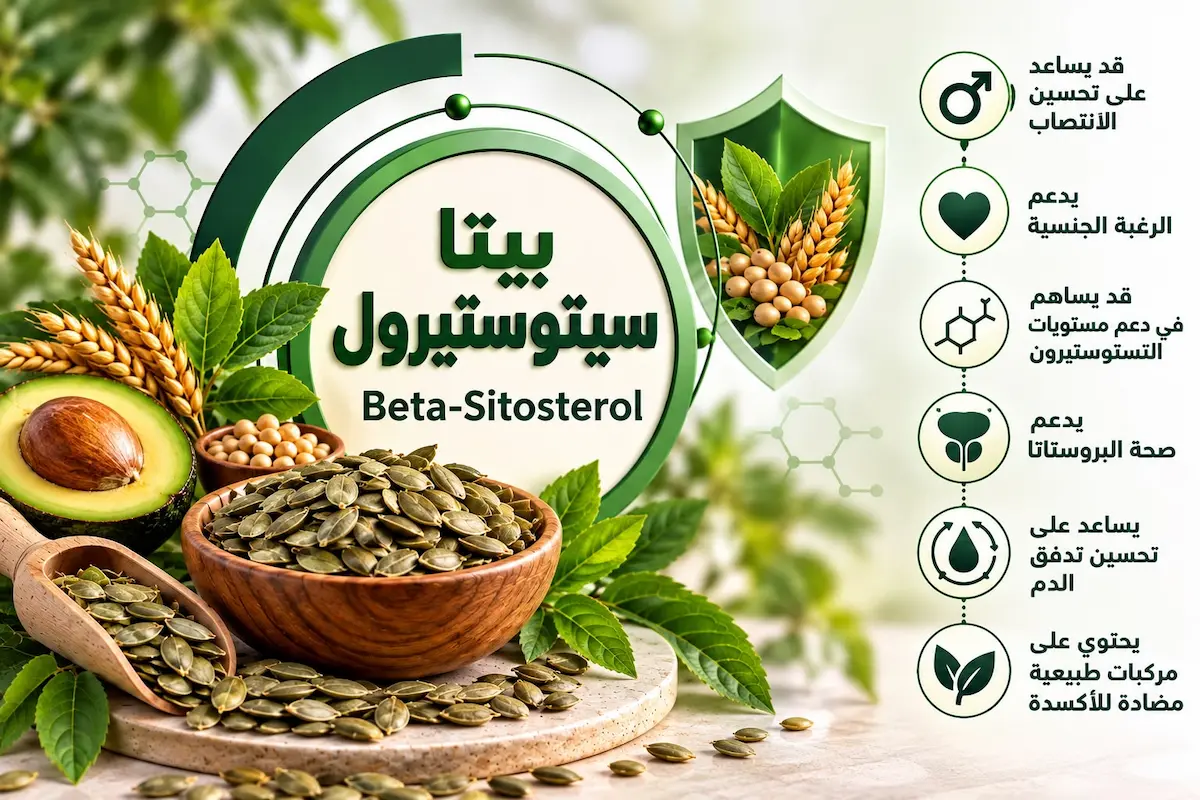 رسم توضيحي يظهر مركب بيتا سيتوستيرول ومصادره الطبيعية (مثل المكسرات والبذور والزيوت النباتية) مع أيقونات طبية ترمز للبروستاتا والانتصاب، لمناقشة مقال بيتا سيتوستيرول والصحة الجنسية عند الرجال.