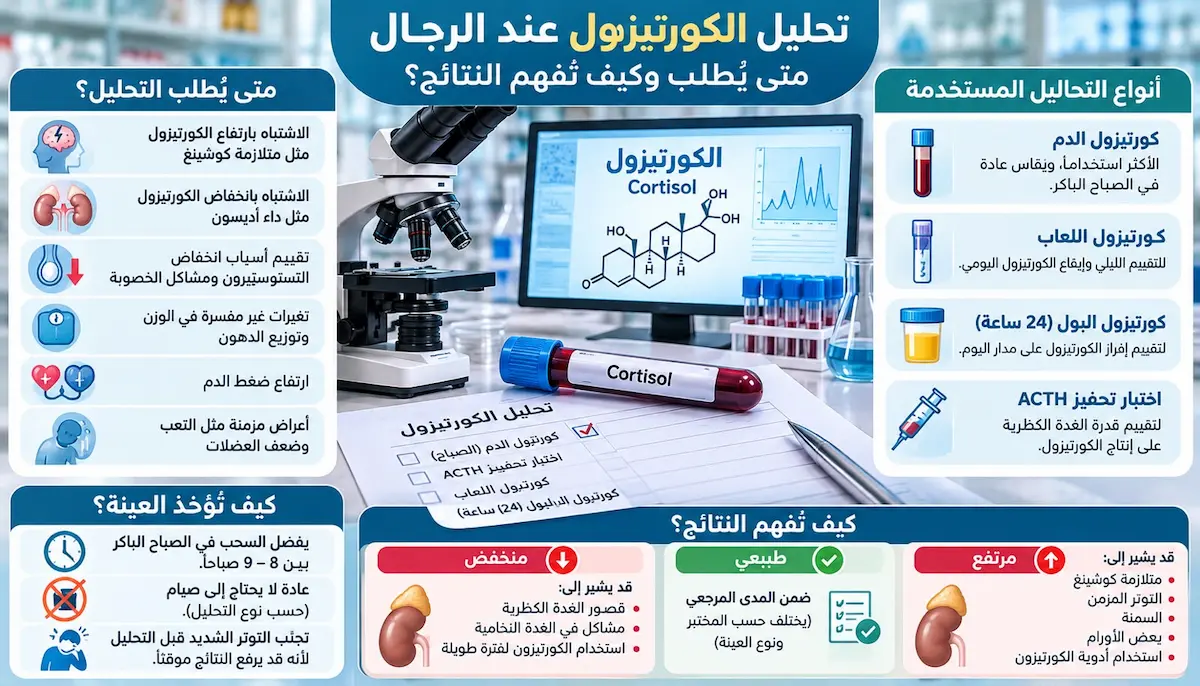 إنفوجرافيك طبي بصري يوضح ملخص دواعي طلب فحص هرمون الكورتيزول للرجال، كيفية قراءة النتائج (الارتفاع والانخفاض)، والمستويات الطبيعية على مدار اليوم.