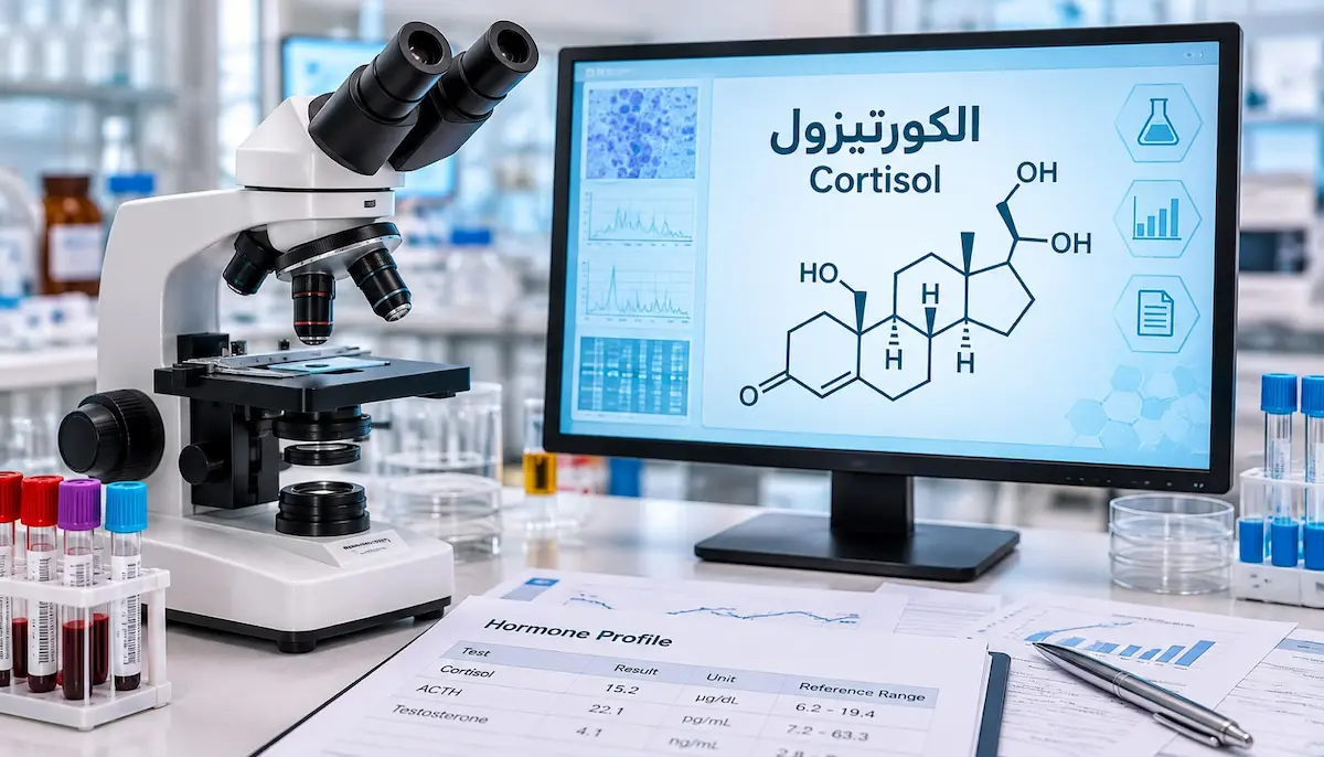 رسم توضيحي يظهر مجهراً طبياً وشاشة تحاليل تعرض رمز وشعار هرمون الكورتيزول، لمناقشة مقال تحليل الكورتيزول عند الرجال ومتى يُطلب وكيفية فهم نتائجه.