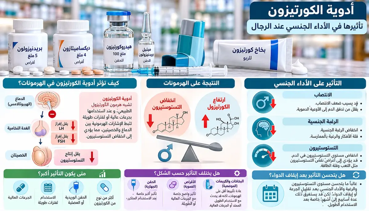 إنفوجرافيك طبي بصري يوضح آلية وتأثير استخدام أدوية الكورتيزون على الهرمونات الذكرية (التستوستيرون)، وانخفاض الرغبة، وضعف الانتصاب لدى الرجال.
