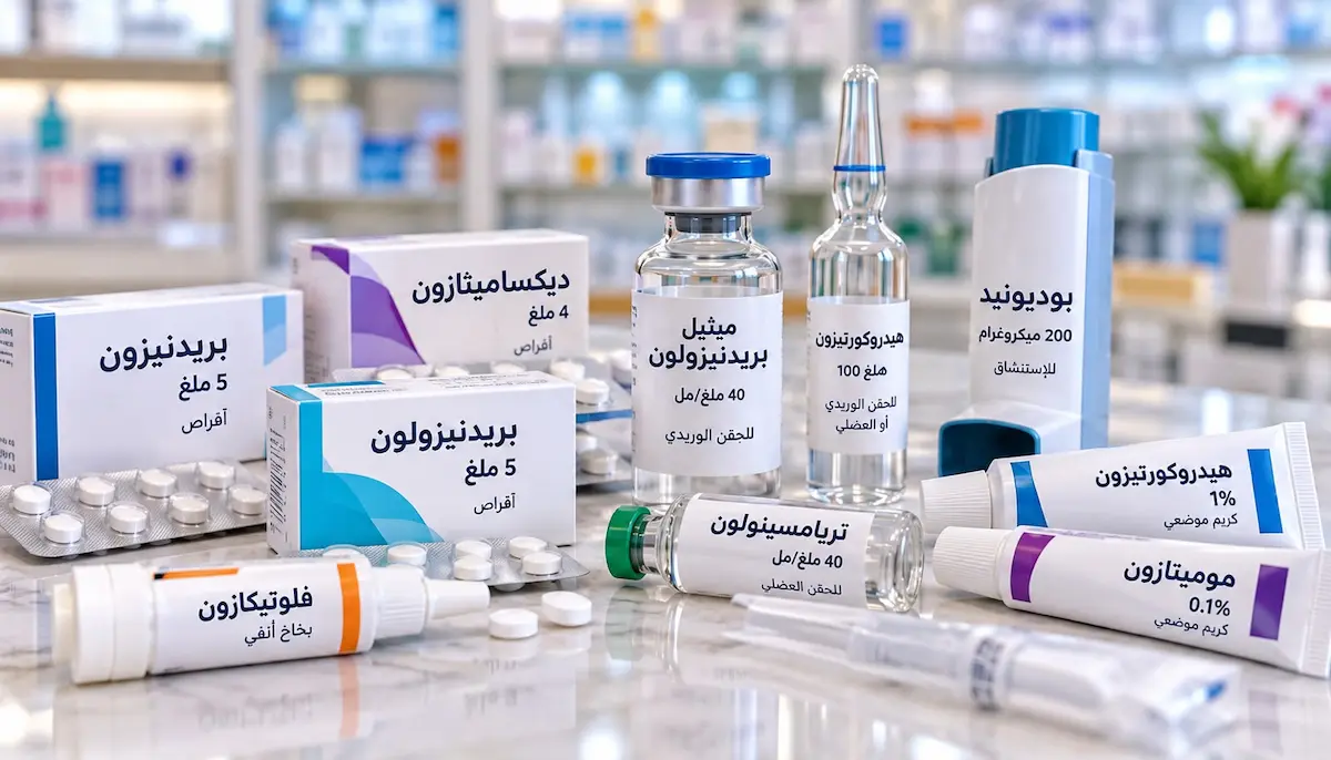 رسم توضيحي يظهر أشكالاً مختلفة لأدوية الكورتيزون (حبوب، إبر، وبخاخات) لمناقشة مقال حول أدوية الكورتيزون والأداء الجنسي عند الرجال وتأثيرها في التستوستيرون والرغبة والانتصاب.