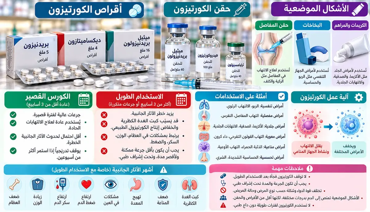 إنفوجرافيك طبي بصري يوضح أبرز أنواع أدوية الكورتيزون الكورتيكوستيرويدية وشرح آثارها الجانبية الشائعة على الصحة العامة وجسم الرجل.