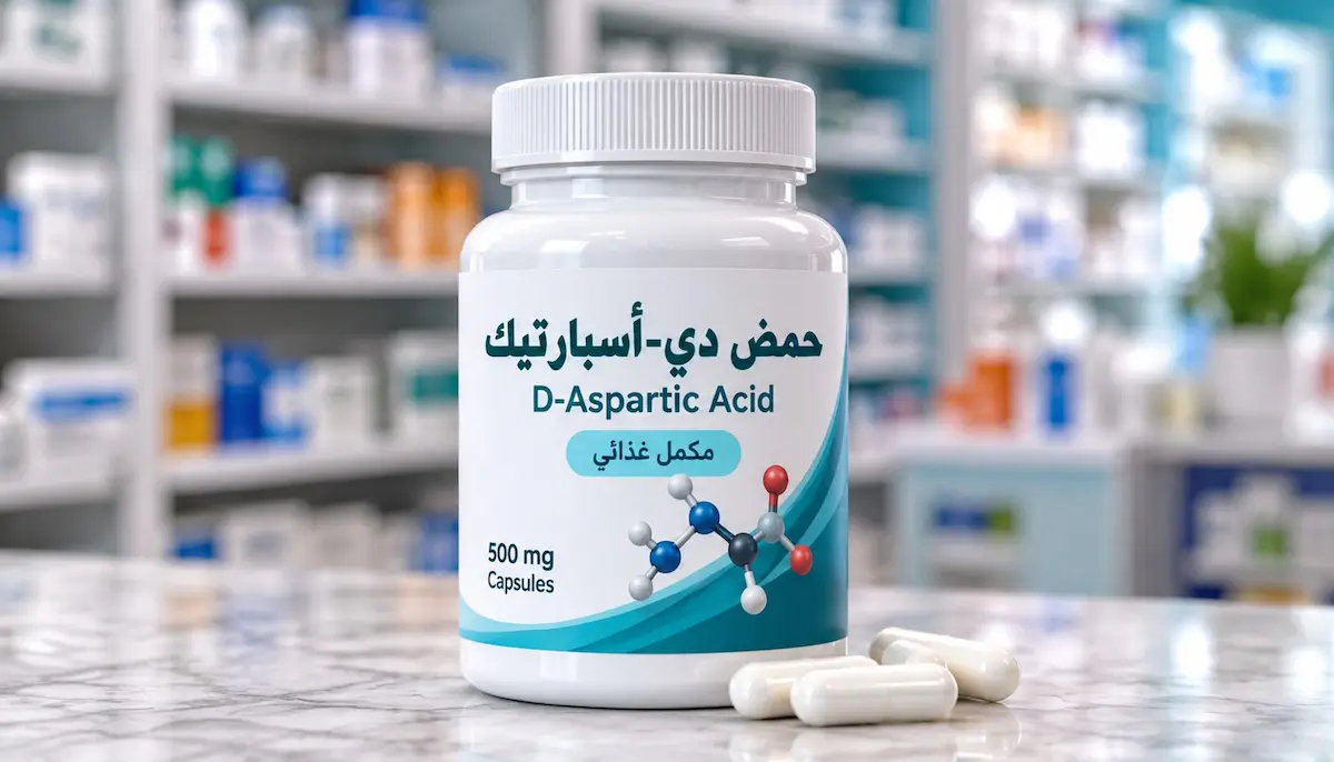 رسم توضيحي يظهر علبة مكمل حمض دي-أسبارتيك (D-Aspartic Acid) مع أقراص ومسحوق المكمل، لمناقشة مقال حول تأثير حمض دي-أسبارتيك على رفع التستوستيرون وتحسين الخصوبة والأداء الجنسي عند الرجال.