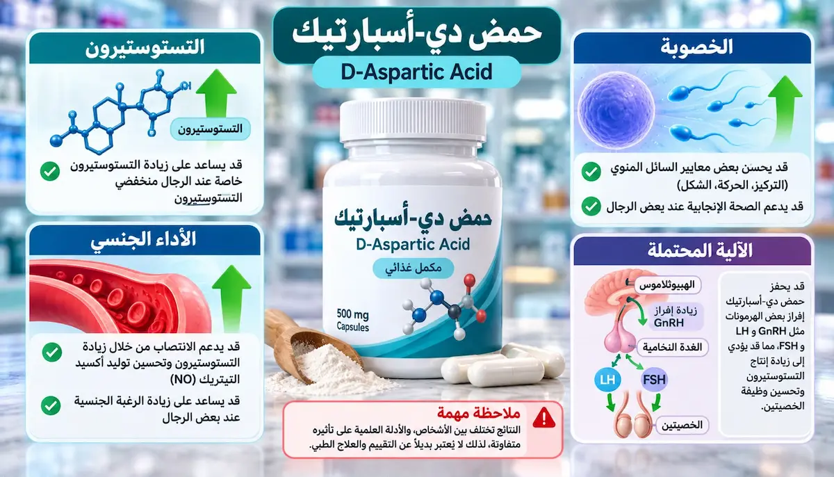 ملخص تأثير حمض دي-أسبارتيك على التستوستيرون والخصوبة - أطلس الرجل الصحي. إنفوجرافيك طبي بصري يوضح ملخص شرح آلية عمل حمض دي-أسبارتيك (DAA) في الجسم، ومدى تأثير الفعلي على مستويات هرمون التستوستيرون، جودة الحيوانات المنوية، والأداء الجنسي بناءً على الأدلة العلمية.