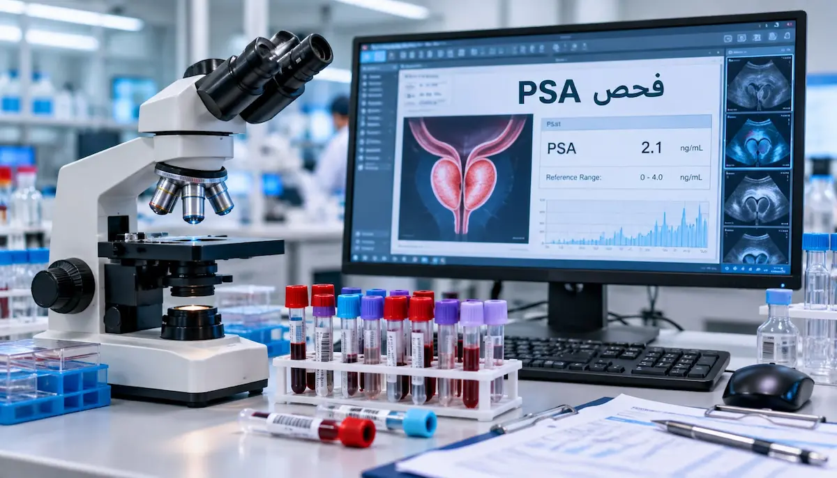 رسم توضيحي يظهر مجهراً طبياً وأنبوب اختبار يرمز لفحص PSA (مستضد البروستاتا النوعي) لمناقشة مقال الكشف المبكر عن سرطان البروستاتا ومتى يحتاج الرجل لإجرائه.