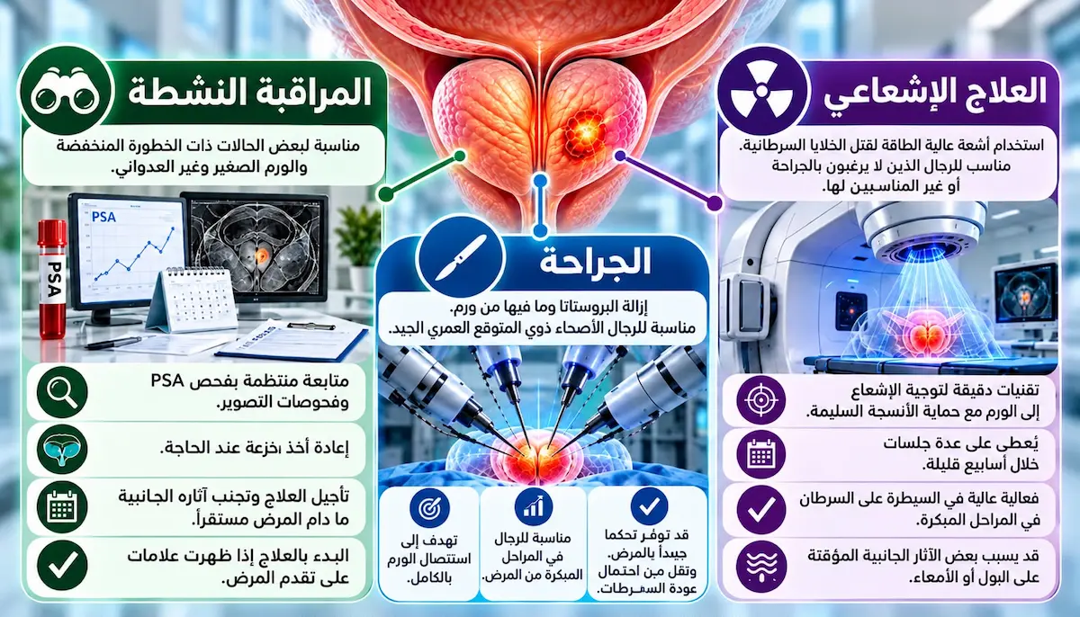 إنفوجرافيك طبي بصري يوضح شرح طرق علاج سرطان البروستاتا المبكر: بروتوكول المراقبة النشطة، خيارات الجراحة الروبوتية والتصحيحية، وآلية العلاج الإشعاعي الخارجي والداخلي.