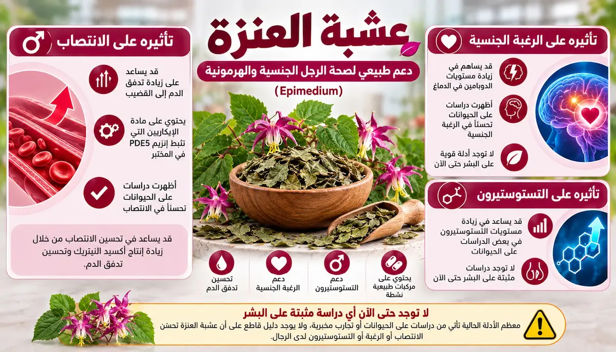 إنفوجرافيك طبي بصري يوضح شرح آلية عمل عشبة العنزة (مادة الإيكارين) وتأثيرها الفعلي على تحسين الانتصاب، زيادة الرغبة الجنسية، ومستوى هرمون التستوستيرون بحسب الدراسات العلمية.