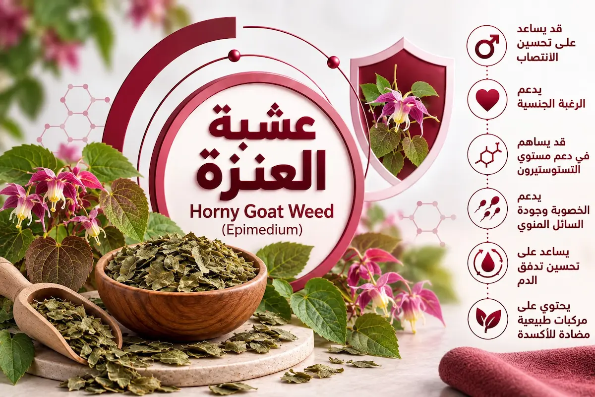 رسم توضيحي يظهر نبات عشبة العنزة (Horny Goat Weed) مع أعشاب مطحونة وأيقونات طبية دائرية ترمز للانتصاب والرغبة وهرمون التستوستيرون، لمناقشة مقال تأثير عشبة العنزة على الصحة الجنسية للرجال.