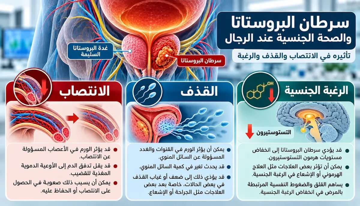 إنفوجرافيك طبي بصري يوضح بالتفصيل شرح تأثير سرطان البروستاتا وعلاجاته المختلفة على الانتصاب، القذف، والرغبة الجنسية عند الرجال مع توضيح المسببات والعوامل المؤثرة.