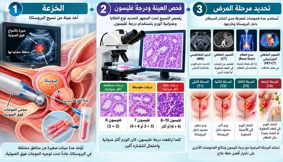 إنفوجرافيك طبي بصري يوضح شرح خطوات إجراء خزعة البروستاتا، كيفية حساب مقياس درجة غليسون (Gleason Score)، وطرق تحديد مراحل تطور سرطان البروستاتا.