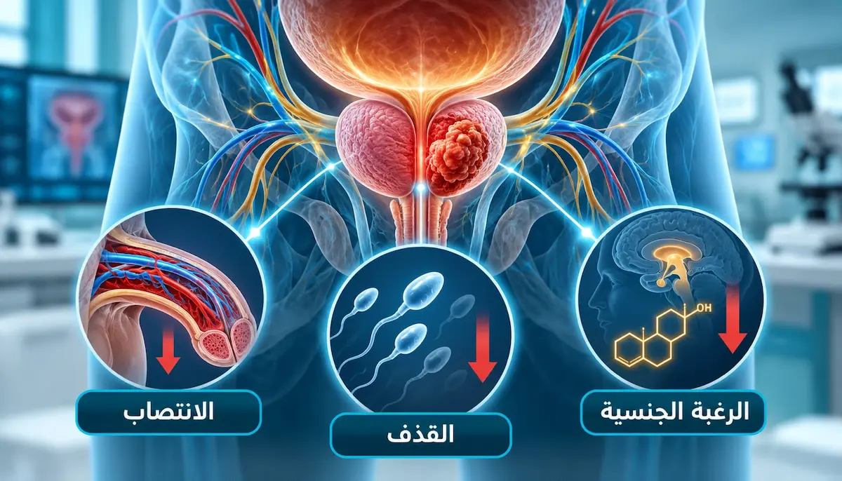 رسم توضيحي يظهر غدة البروستاتا مصابة بالسرطان، ومحاطة بأيقونات طبية دائرية توضح مشاكل الانتصاب، القذف، وانخفاض الرغبة الجنسية، لمناقشة مقال حول تأثير سرطان البروستاتا على الصحة الجنسية للرجل.