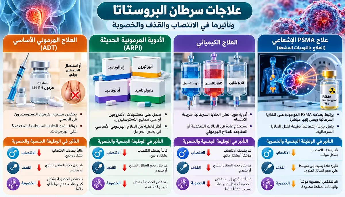 شرح تأثير علاجات سرطان البروستاتا على الانتصاب والقذف والخصوبة - أطلس الرجل الصحي. إنفوجرافيك طبي بصري يوضح شرح وتأثير كل علاج من علاجات سرطان البروستاتا (الجراحة، الإشعاع، العلاج الهرموني، والكيميائي) على قدرة الانتصاب، آلية القذف، ومستوى الخصوبة لدى الرجل.