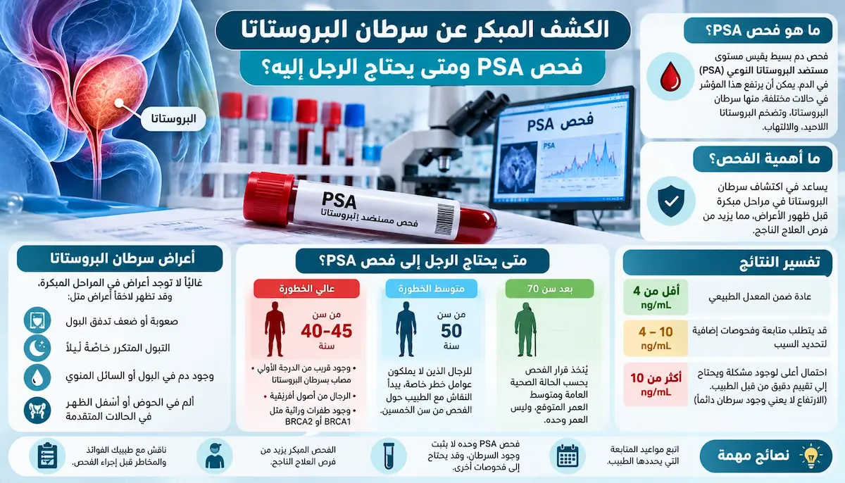 إنفوجرافيك طبي بصري يوضح ملخص شرح فحص PSA للكشف المبكر عن سرطان البروستاتا، متى يُنصح بإجرائه، المستويات الطبيعية والعمريّة، وكيفية تفسير النتائج.