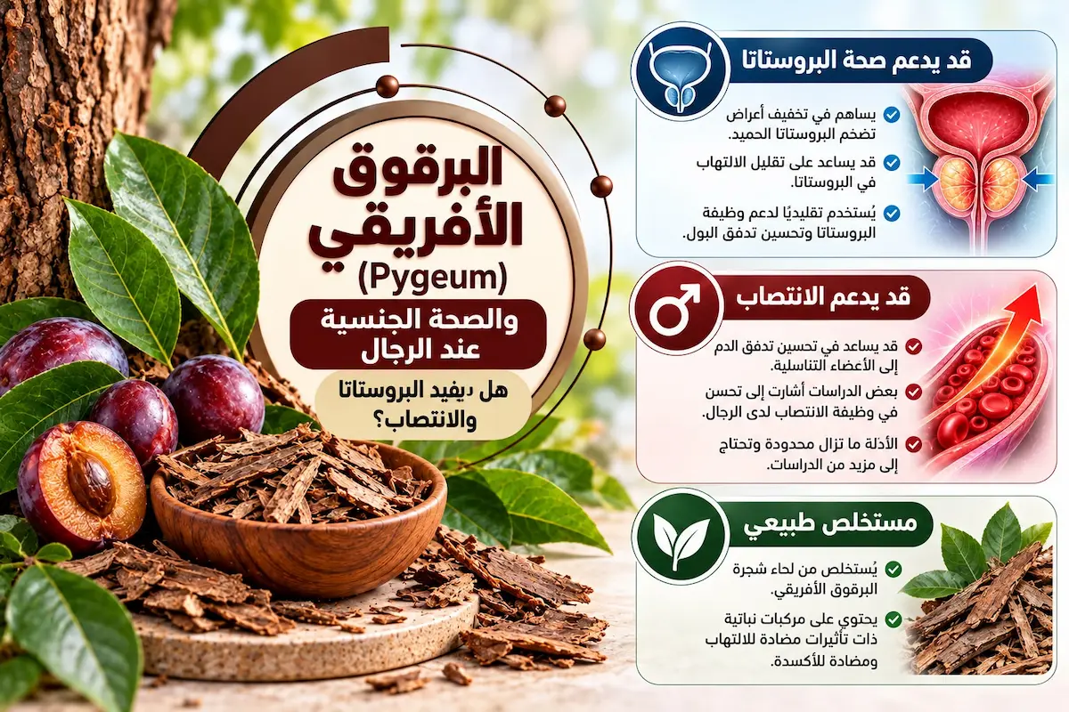 إنفوجرافيك طبي بصري يوضح شرح آلية عمل مستخلص البرقوق الأفريقي في الحد من التهابات وتضخم البروستاتا، وتأثيره الداعم لتدفق الدم والأداء الجنسي والانتصاب بناءً على الأدلة العلمية.
