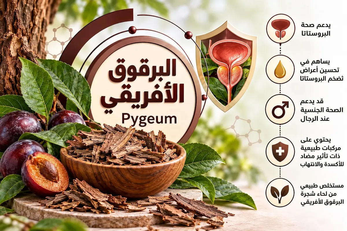 رسم توضيحي يظهر لحاء نبات البرقوق الأفريقي (Pygeum) ومصادره المستخلصة طبيعياً لمناقشة مقال حول فوائد البرقوق الأفريقي لصحة البروستاتا والانتصاب والصحة الجنسية للرجال.