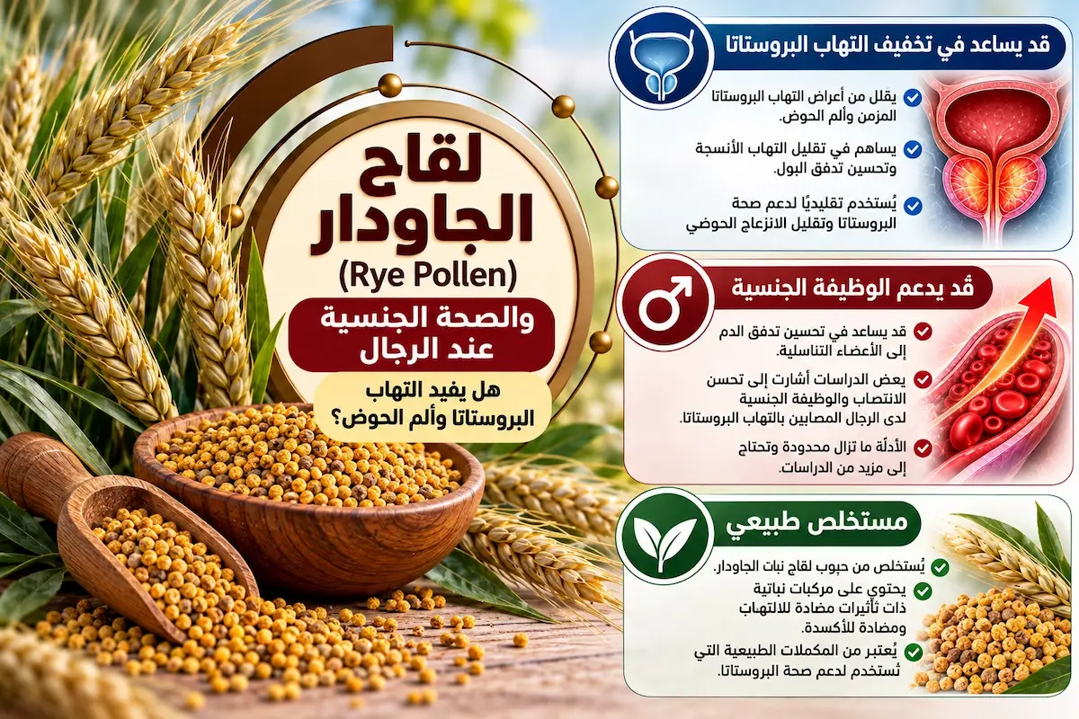 إنفوجرافيك طبي بصري يوضح شرح آلية عمل المستخلص المعياري للقاح الجاودار في تخفيف التهابات غدة البروستاتا، وتقليل ألم الحوض المزمن (CPPS)، وتحسين أعراض التبول والصحة الجنسية لدى الرجال بحسب الأبحاث.