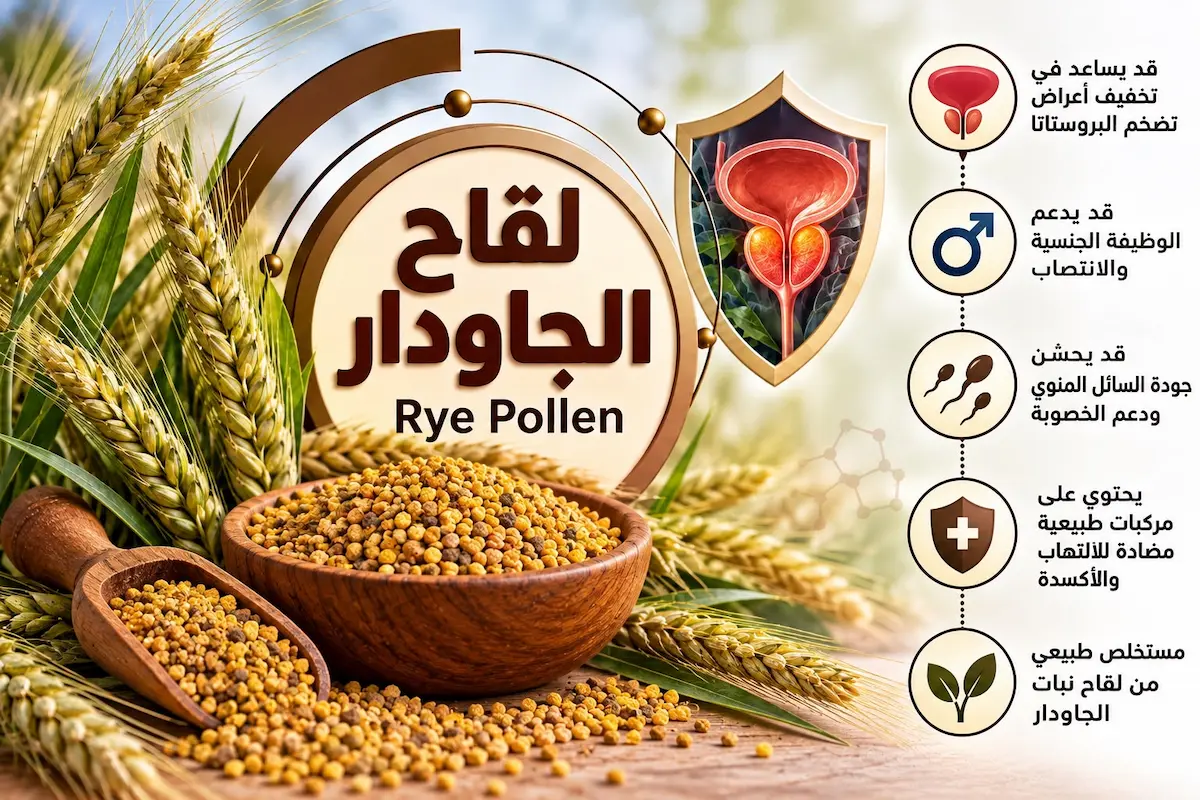 رسم توضيحي يظهر حبوب لقاح الجاودار (Rye Pollen) ومصادره المستخلصة طبيعياً مع رموز لموقع البروستاتا وألم الحوض، لمناقشة مقال حول فوائد لقاح الجاودار لعلاج التهاب البروستاتا وألم الحوض المزمن عند الرجال.